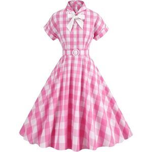 💗 NEW Pinup Retro Rockabilly 1950s Collar Bow Pink Plaid Tea Dress w/Belt XXL